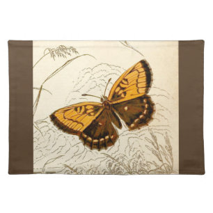 Vintage Butterfly Illustration, Gold and Brown Cloth Placemat