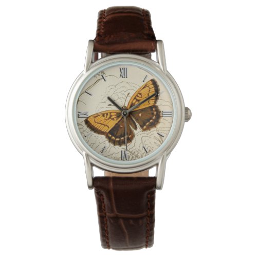 Vintage Butterfly Illustration Gold and Brown Watch