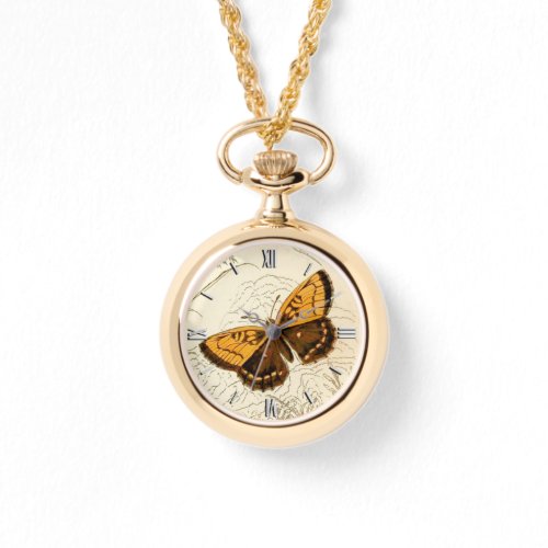 Vintage Butterfly Illustration Gold and Brown Watch