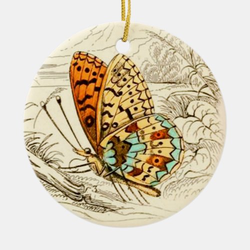 Vintage Butterfly Illustration Orange and Beige Ceramic Ornament