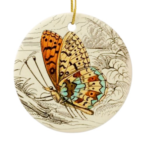 Vintage Butterfly Illustration, Orange and Beige Ceramic Ornament