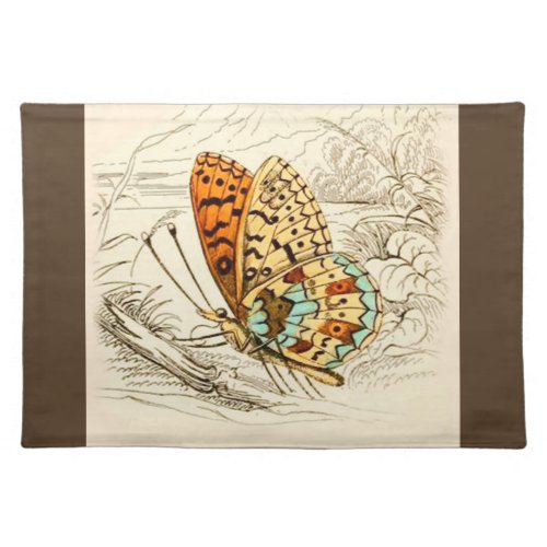 Vintage Butterfly Illustration Orange and Beige  Cloth Placemat