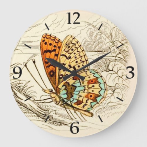 Vintage Butterfly Illustration Orange and Beige Large Clock