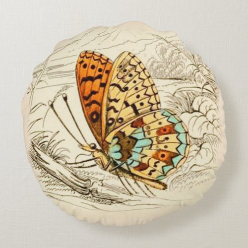 Vintage Butterfly Illustration Orange and Beige Round Pillow