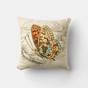 Vintage Butterfly Illustration, Orange and Beige Throw Pillow