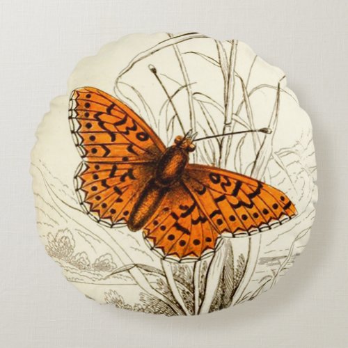 Vintage Butterfly Illustration Orange and Black Round Pillow