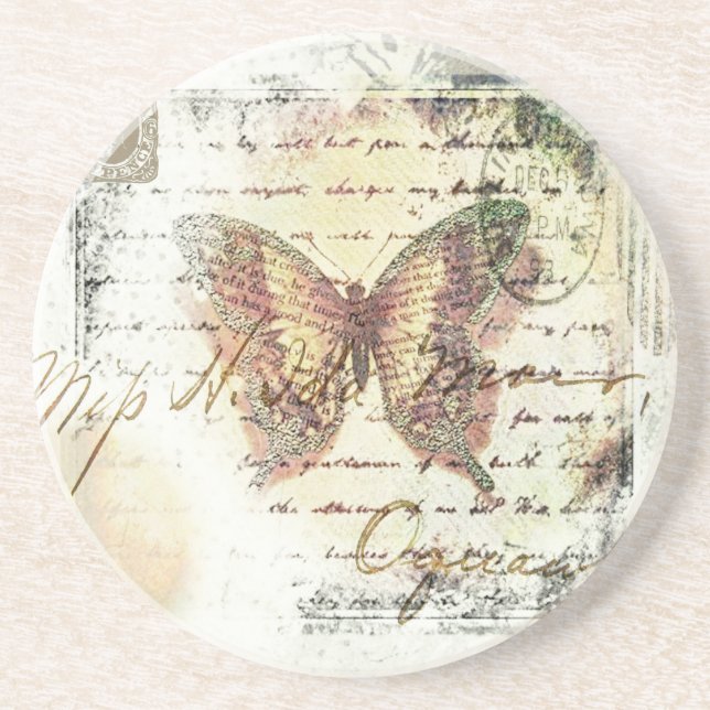 Vintage butterfly mail sandstone coaster (Front)