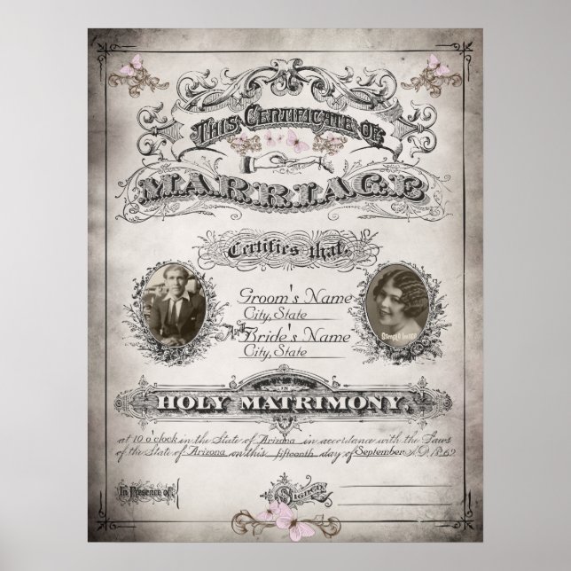 Vintage Butterfly Marriage Certificate Poster (Front)