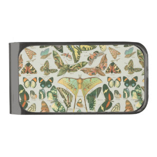 Vintage Butterfly Moth Pattern Print Gunmetal Finish Money Clip