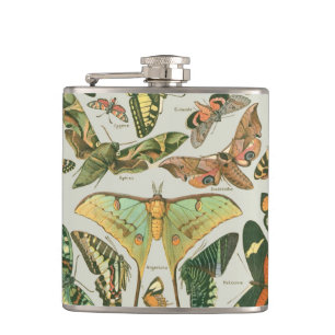 Vintage Butterfly Moth Pattern Print Hip Flask