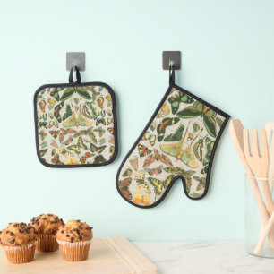 Vintage Butterfly Moth Pattern Print Oven Mitt & Pot Holder Set