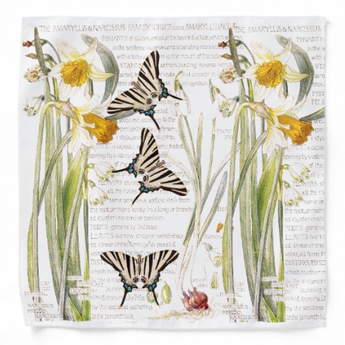 Vintage Butterfly Narcissus Flowers Bandana