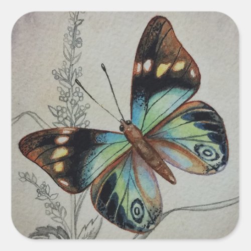 Vintage Butterfly No 1 Watercolor Art Square Sticker