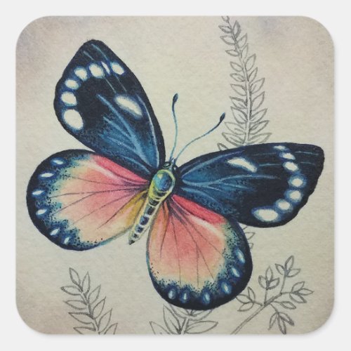 Vintage Butterfly No 2 Watercolor Art Square Sticker