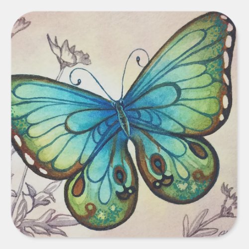 Vintage Butterfly No 7 Watercolor Art Square Sticker
