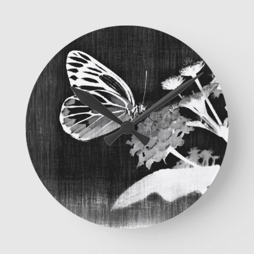 Vintage Butterfly on flower _ Black and White 2 Round Clock