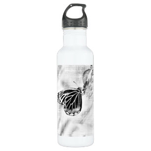 Vintage Butterfly on flower - Black and White Stainless Steel Water Bottle