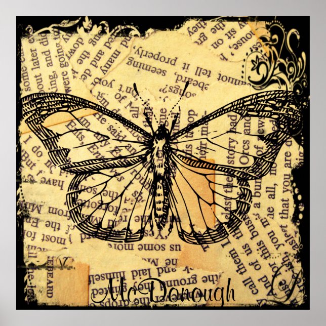 Vintage Butterfly on Paper Poster (Front)