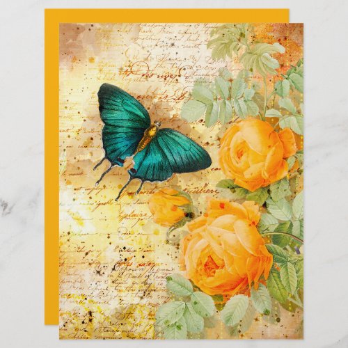 Vintage Butterfly Orange Flowers Scrapbook Paper