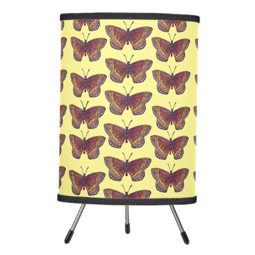 Vintage Butterfly Pattern on Sunny Yellow Tripod Lamp