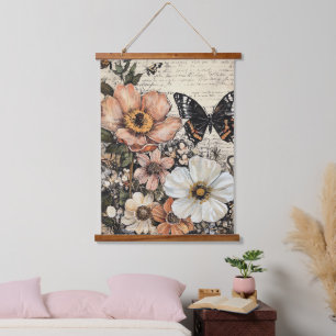 Vintage Butterfly Peony Botanical Hanging Tapestry