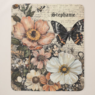 Vintage Butterfly Peony Botanical Sherpa Blanket