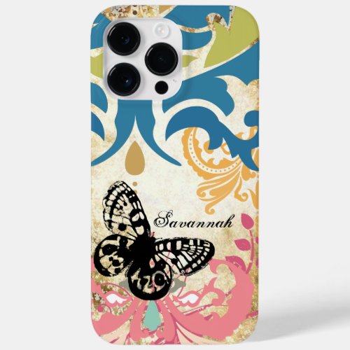 Vintage Butterfly Pink Damask Name or Quote Case_Mate iPhone 14 Pro Max Case