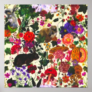 Vintage Butterfly Rabbit Garden Floral Watercolor Poster