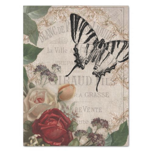 Vintage Butterfly  Roses Shabby Chic Decoupage Tissue Paper