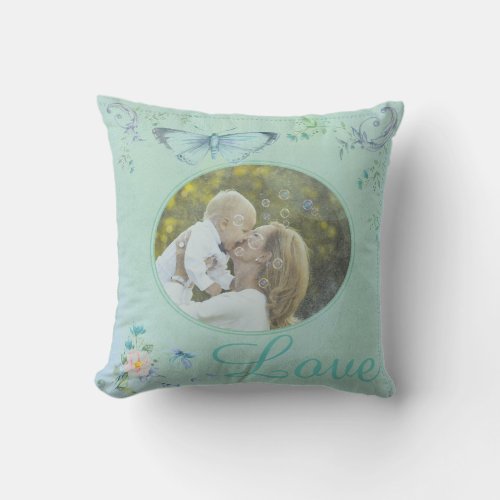 Vintage Butterfly Teal Custom Oval Photo Throw Pillow