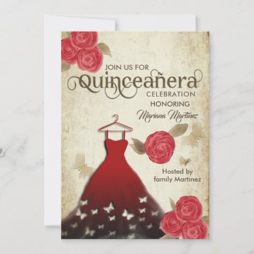 Vintage butterfly watercolor red roses Quince  Inv Invitation