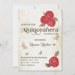 Vintage butterfly watercolor red roses Quince Invitation