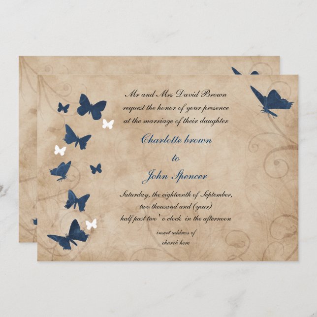 vintage butterfly wedding  Invitations (Front/Back)
