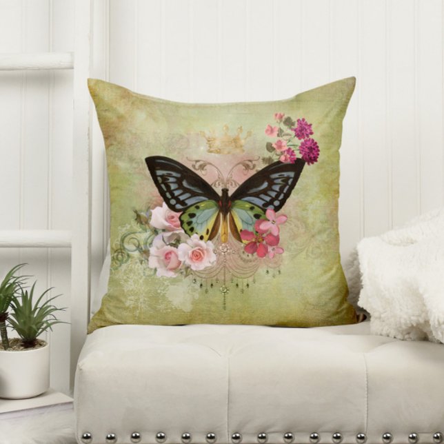 Vintage Butterfly with Pink Flowers Throw Pillow (Creator Uploaded)