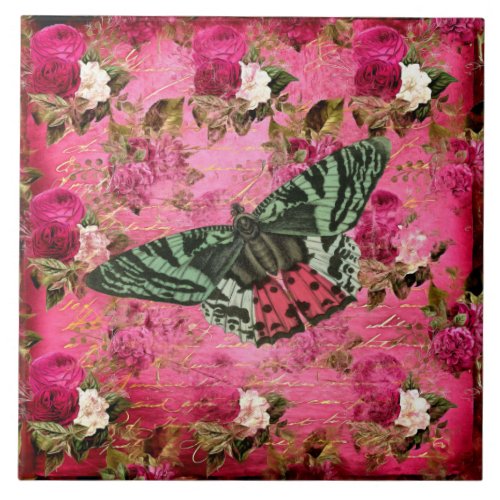 Vintage Butterfly with Red White Roses Handwriting Ceramic Tile