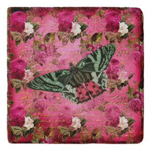Vintage Butterfly with Red White Roses Handwriting Trivet