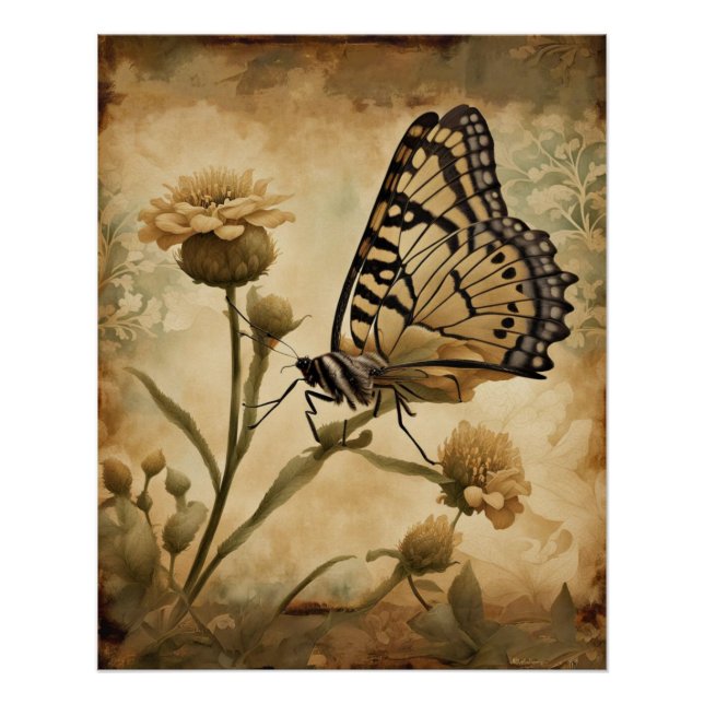 Vintage Butterfly with Yellow Flowers Poster (Front)