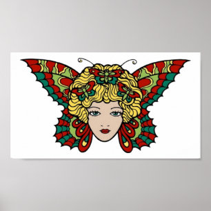 Vintage Butterfly Woman Tattoo Art Poster