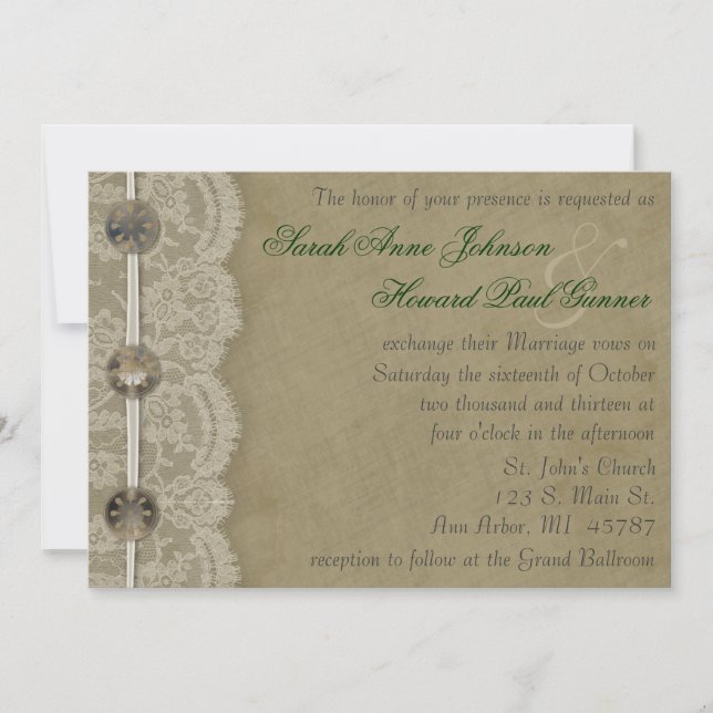 Vintage Buttons and Lace Invitation (Front)