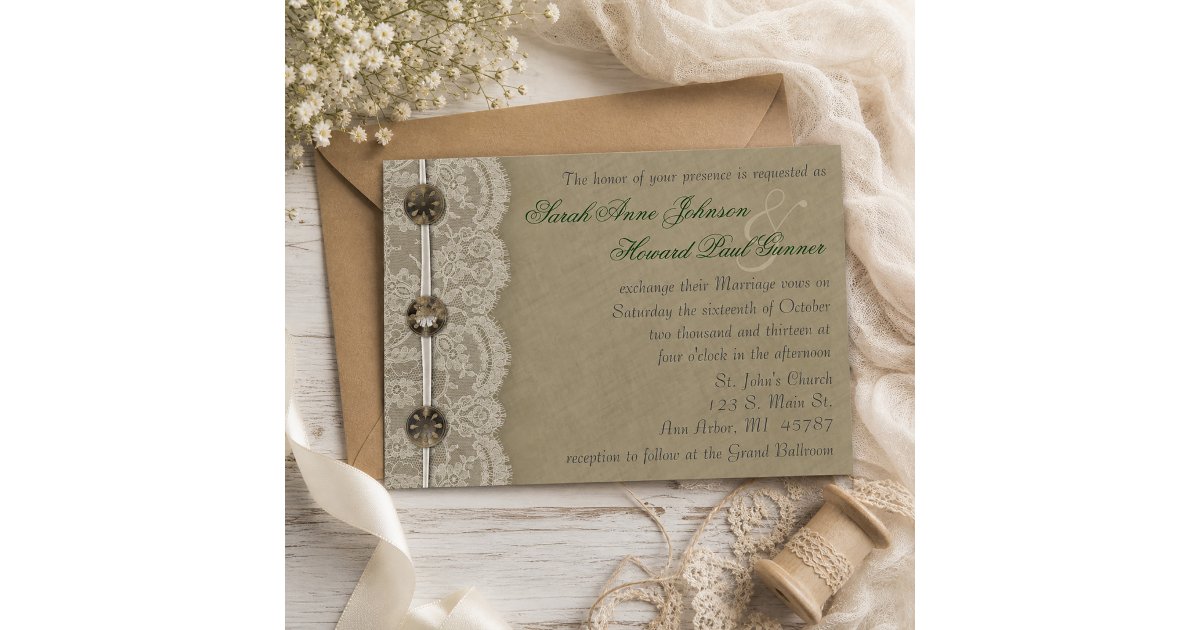 Invitation Button Image Vintage Buttons and Lace Rustic Wedding Invitation | Zazzle