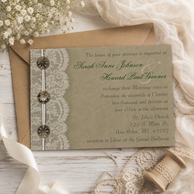 Vintage Buttons and Lace Rustic Wedding Invitation (Vintage Buttons and Lace Rustic Wedding Invitation)
