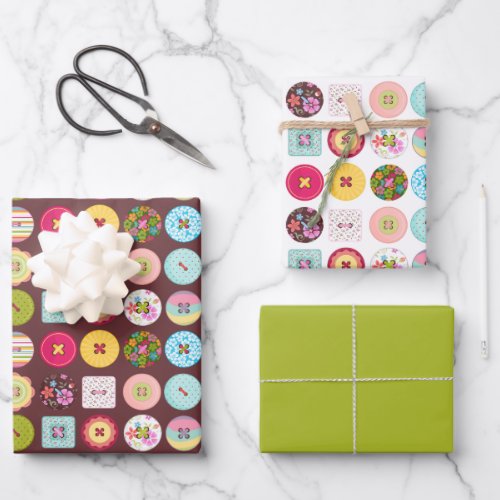 Vintage Buttons with Flowers and Polka Dots Wrapping Paper Sheets