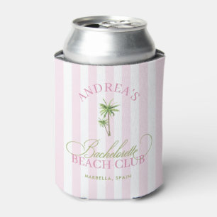 Vintage Cabana Pink Stripes Palm Tree Bachelorette Can Cooler