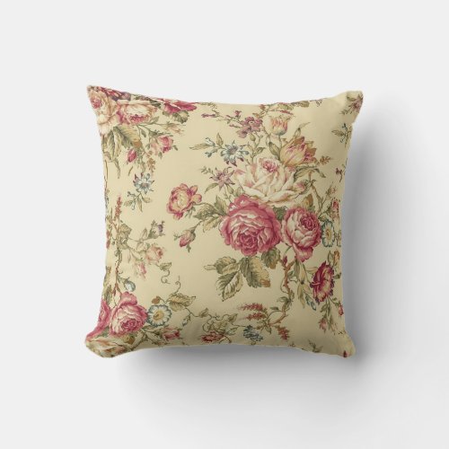 Vintage Cabbage Rose Design Throw Pillow