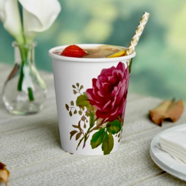 Vintage Cabbage Rose  Elegance Paper cup (Paper Cup 8 oz capacity. FDA compliant. Ideal for cold and warm beverages.  Printed in USA.)