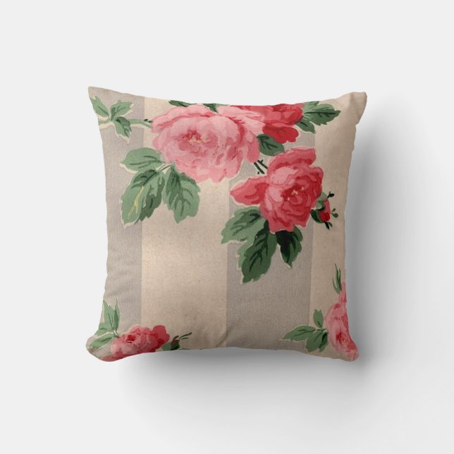Vintage Cabbage Rose Wallpaper Throw Pillow (Front)