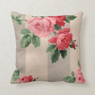 Vintage Cabbage Rose Wallpaper Throw Pillow