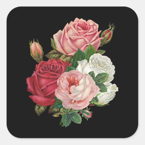 Vintage Cabbage Roses_Black Background Square Sticker