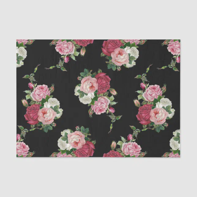 Vintage Cabbage Roses-Black Background Tissue Paper | Zazzle