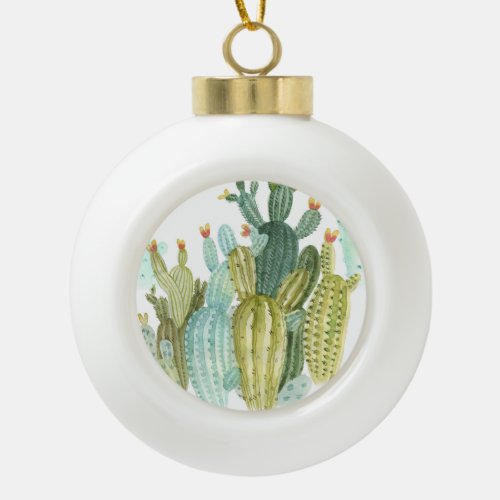 Vintage Cacti Blooming Watercolor Pattern Ceramic Ball Christmas Ornament